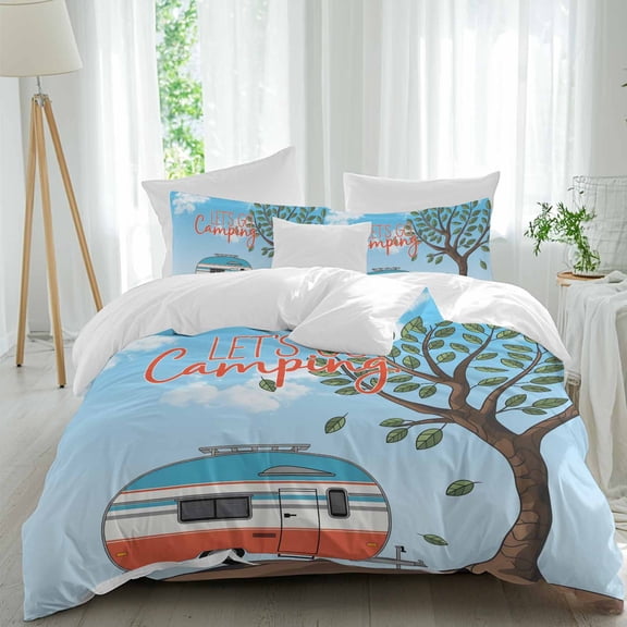 Let's Go Camping Queen Size Comforter Set, Caravan RV Tree Spring Summer Bedding for All Seasons, 4 Pcs Bed Set, 1Quiltcover (90"x92") ,1Sheet(94"x116"), 2Pillowcases (30"x20")