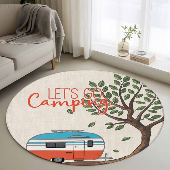 Let's Go Camping Round Area Rug 3.3Ft Washable Circle Rugs for Dining Room Table, Modern Camper Van Trees Burlap Rustic Non-Slip Carpet Floor Mats Indoor Outdoor Carpet Runner Aesthetic Home Decor