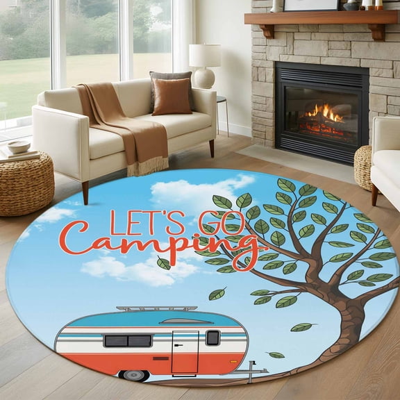 Let's Go Camping Round Living Room Rugs 7 ft, Caravan RV Tree Spring Summer Washable Area Rug with Non-Slip Sturdy Edge Binding Round Carpet for Kitchen Office Bedroom