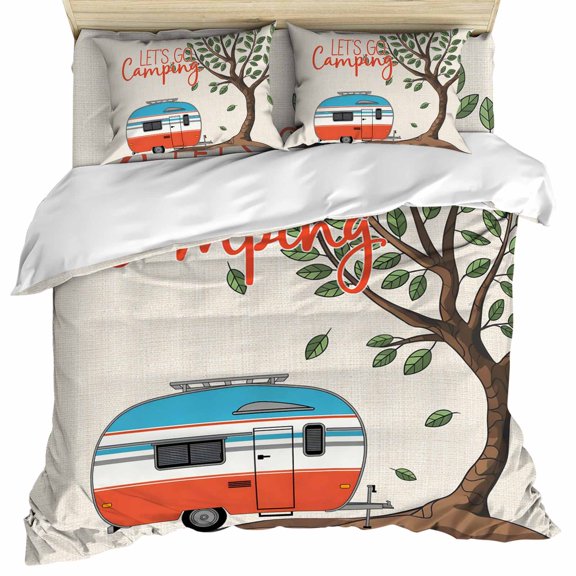 Let's Go Camping Set of 4 Bedding Quilt Covers, Modern Camper Van Trees Burlap Rustic 4-Piece Bed Sheet Set with Extra Soft Bed Sheets Quilt Cover Pillowcase, Full