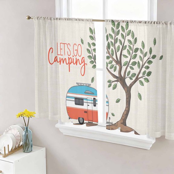 Let's Go Camping Sheer Curtains 45 Inch Length 2 Panels Set, Modern Camper Van Trees Burlap Rustic Voile Window Treatment Rod Pocket Small Kitchen Curtains Drapes for Bedroom 52"x45"x2