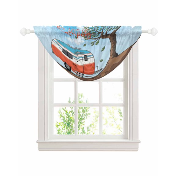 Let's Go Camping Sheer Waterfall Valance Curtains for Window, Modern Camper Van Trees Blue Sky Rod Pocket Sheer Topper Swag Curtains for Living Room, Kitchen 38.5"W x 47.2"L, 1 Panel
