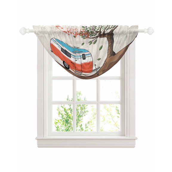 Let's Go Camping Sheer Waterfall Valance Curtains for Window, Modern Camper Van Trees Burlap Rustic Rod Pocket Sheer Topper Swag Curtains for Living Room, Kitchen 38.5"W x 47.2"L, 1 Panel