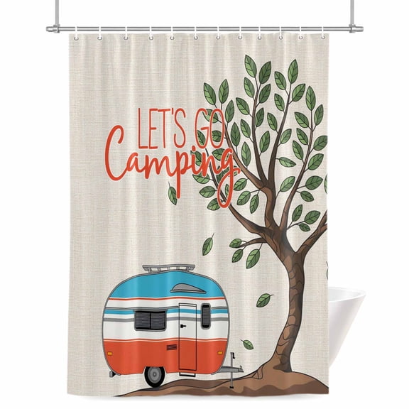 Let's Go Camping Shower Curtain, 36" x 72", Caravan RV Tree Spring Summer Vintage Waterproof Bathroom Curtain Washable Shower Curtain Set with 12 Hooks
