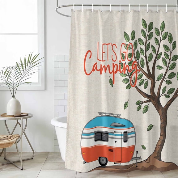 Let's Go Camping Shower Curtain Set, Waterproof Shower Curtains for Bathroom, Modern Camper Van Trees Burlap Rustic Washable Fabric Cloth Bath Curtain for Bathtub Decoration with Hooks 66x72 Inches