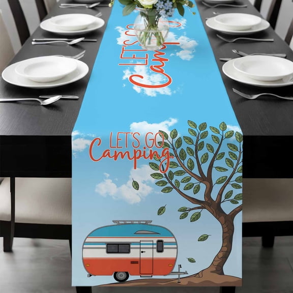 Let's Go Camping Table Runner, Caravan RV Tree Spring Summer Washable Cotton-linen Table Runners Dining Kitchen Decoration for Everyday Home Wedding Party Decor, 13 x 36 Inch