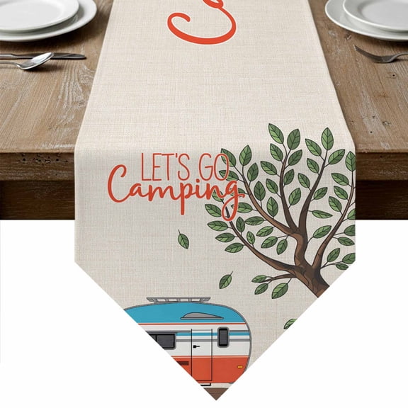 Let's Go Camping Table Runner Linen Burlap Table Runner 120 Inches Long Modern Camper Van Trees Burlap Rustic Dresser Scarves for Kitchen Island Coffee Dining Room Party Holiday Decor 13"x120"