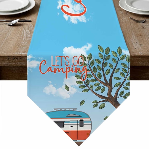 Let's Go Camping Table Runner Linen Burlap Table Runner 36 Inches Small Modern Camper Van Trees Blue Sky Dresser Scarves for Kitchen Island Coffee Dining Room Party Wedding Holiday Decor 13"x36"