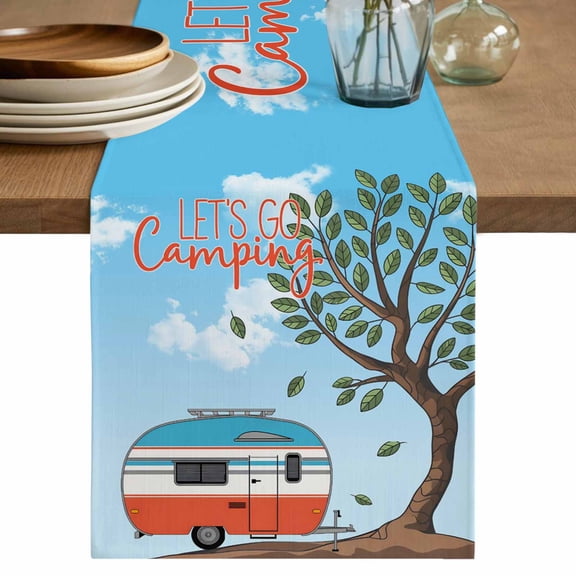 Let's Go Camping Table Runner, Modern Camper Van Trees Blue Sky Washable Cotton Linen Table Runners 36 Inches Long, Dresser Scarf Runner for Nightstand/End Tables/Round Tables 13''x36''