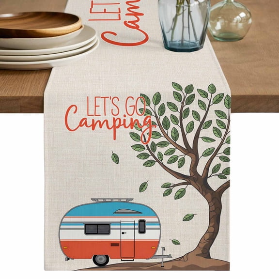 Let's Go Camping Table Runner, Modern Camper Van Trees Burlap Rustic Washable Cotton Linen Table Runners 48 Inches Long, Dresser Scarf Runner for Nightstand/Coffee/End Tables 13''x48''