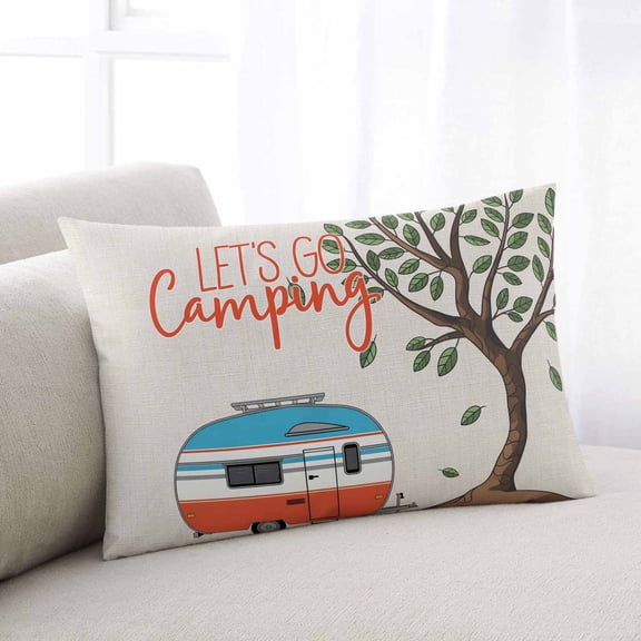 Let's Go Camping Throw Pillow Covers, Modern Camper Van Trees Burlap Rustic Soft Breathable Pillow Cases with Zipper for Sleeping, King Size Pillowcases for Couch Bed Sofa Chair 20x36 Inches