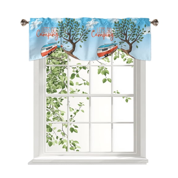 Let's Go Camping Tie Up Valances Curtain, Caravan RV Tree Spring Summer Adjustable Rod Pocket Window Treatment Short Tie Up Curtains Valances for Kitchen Living Room Bathroom 42x12 Inches