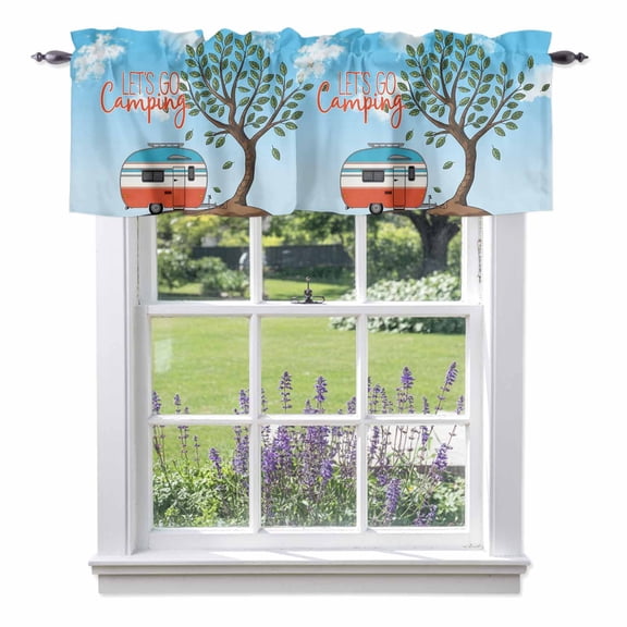 Let's Go Camping Valance Curtain for Windows Caravan RV Tree Spring Summer Rod Pocket Curtain Valances Short Window Treatments Panels for Kitchen Bathroom Laundry Room Basement 42 x 18 Inch