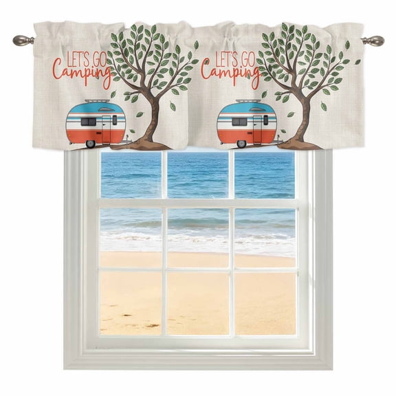 Let's Go Camping Valances for Windows, Rod Pocket Kitchen Valance Curtains - Soft & Washable Small Window Treatment for Living Room, Bathroom, Red Camper Van Trees Linen 42x12inch, 1 Panel