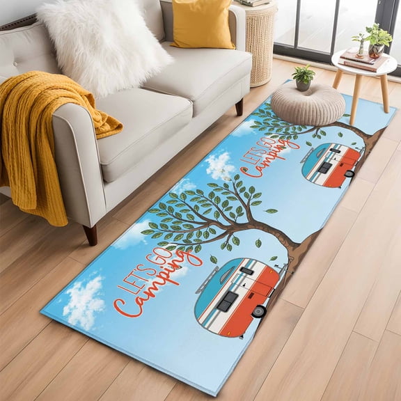 Let's Go Camping Washable Runner Rugs 2'x6', Caravan RV Tree Spring Summer Low Pile Throw Entryway Rug Non-Slip Sturdy Edge Binding Carpet for Indoor Bedside Entrance Bedside