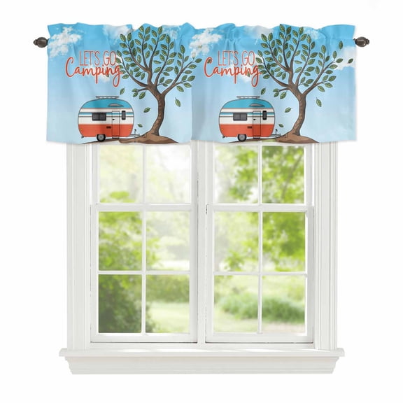 Let's Go Camping Window Valance for Kitchen, Caravan RV Tree Spring Summer Rod Pocket Short Curtain for Small Windows, Light Filtering Decorative Valance, 42 x 18 Inch, 1 Panel