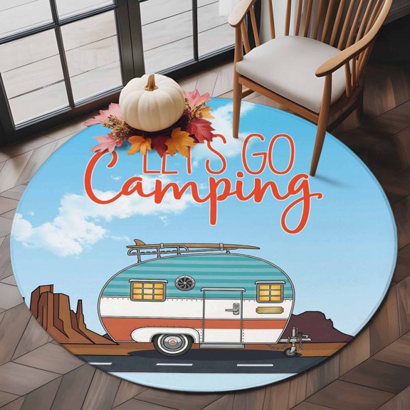 Let's Go Camping Words Round Area Rug 5ft,Living Room Rug Non-Slip Washable Circle Rugs Pad,Blue White Travel Camper Van Soft Floor Carpet for Bedroom Dining Room
