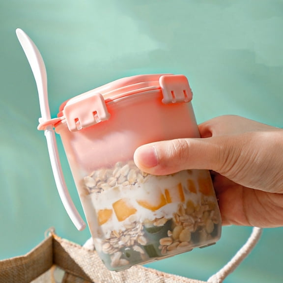 On the Go Cereal Yogurt Cups with Lids and Spoon, Overnight Oats Container, Reusable Parfait Plastic Milk Jar Breakfast Crunch Granola Oatmeal Smoothie Snack Prep Bowl to Take Along (1pc Pink)