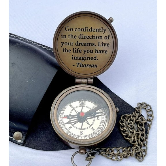 Go Confidently Brass Pocket Compass with Leather Case for Hiking Camping Compass