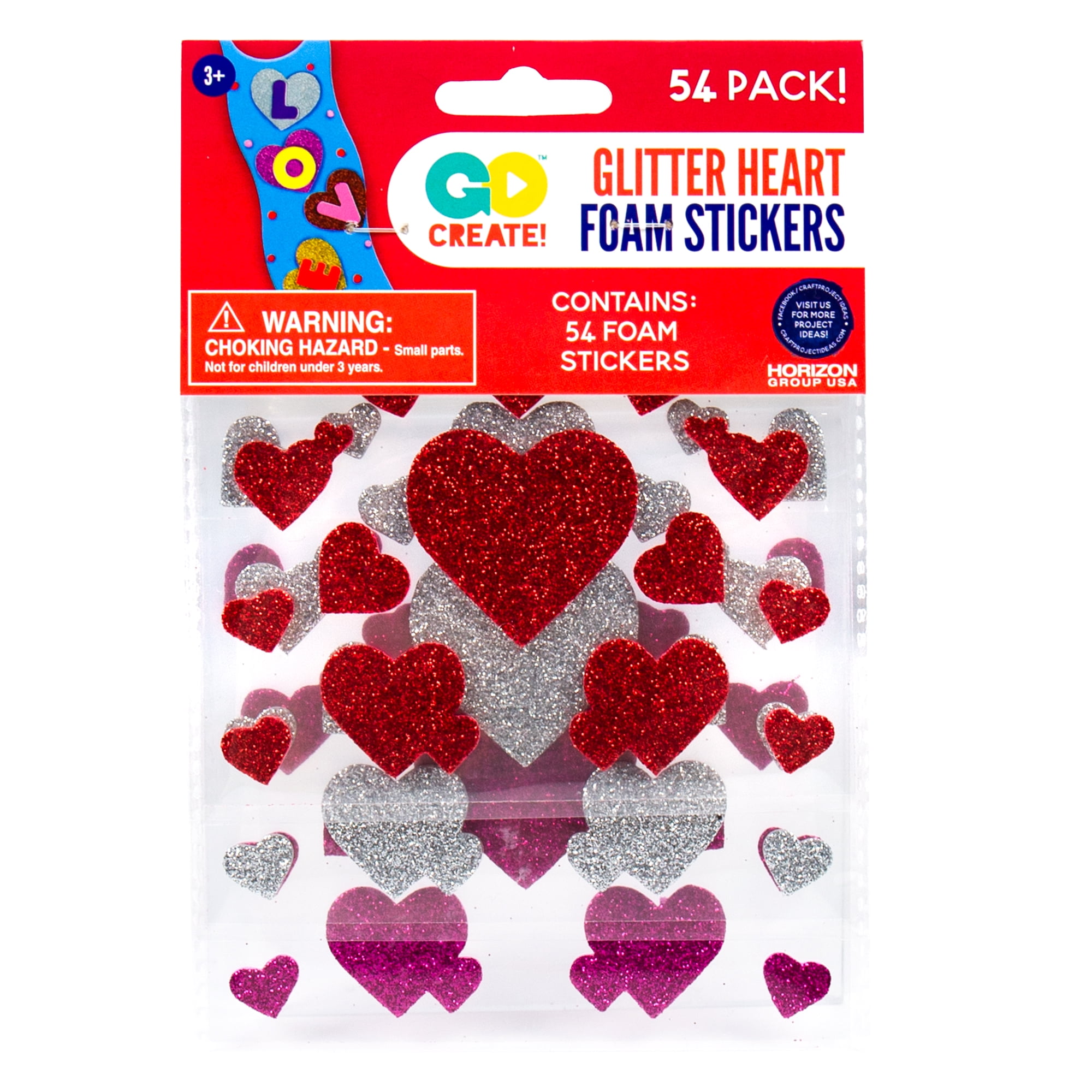 Go Create Foam Assorted Glitter Heart Stickers, 54 count
