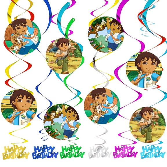 Go Diego Go Party Decorations Hanging Swirl Sign Whirls Birthday Streamer Ceiling Decor Supplies 14 pcs