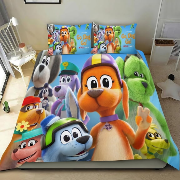 Go Dog Go themed bed sheet set, cotton, three pieces, comfortable and skin-friendly, durable design, gifts for family, friends, fans, 68x86 in (173*218 cm).