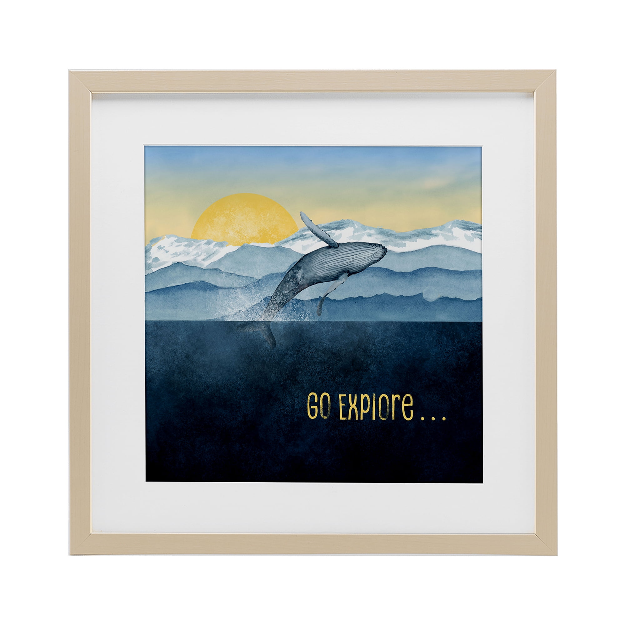 Go Explore Whale Breach Birch Framed Print Under Glass, design by Brett Blumenthal