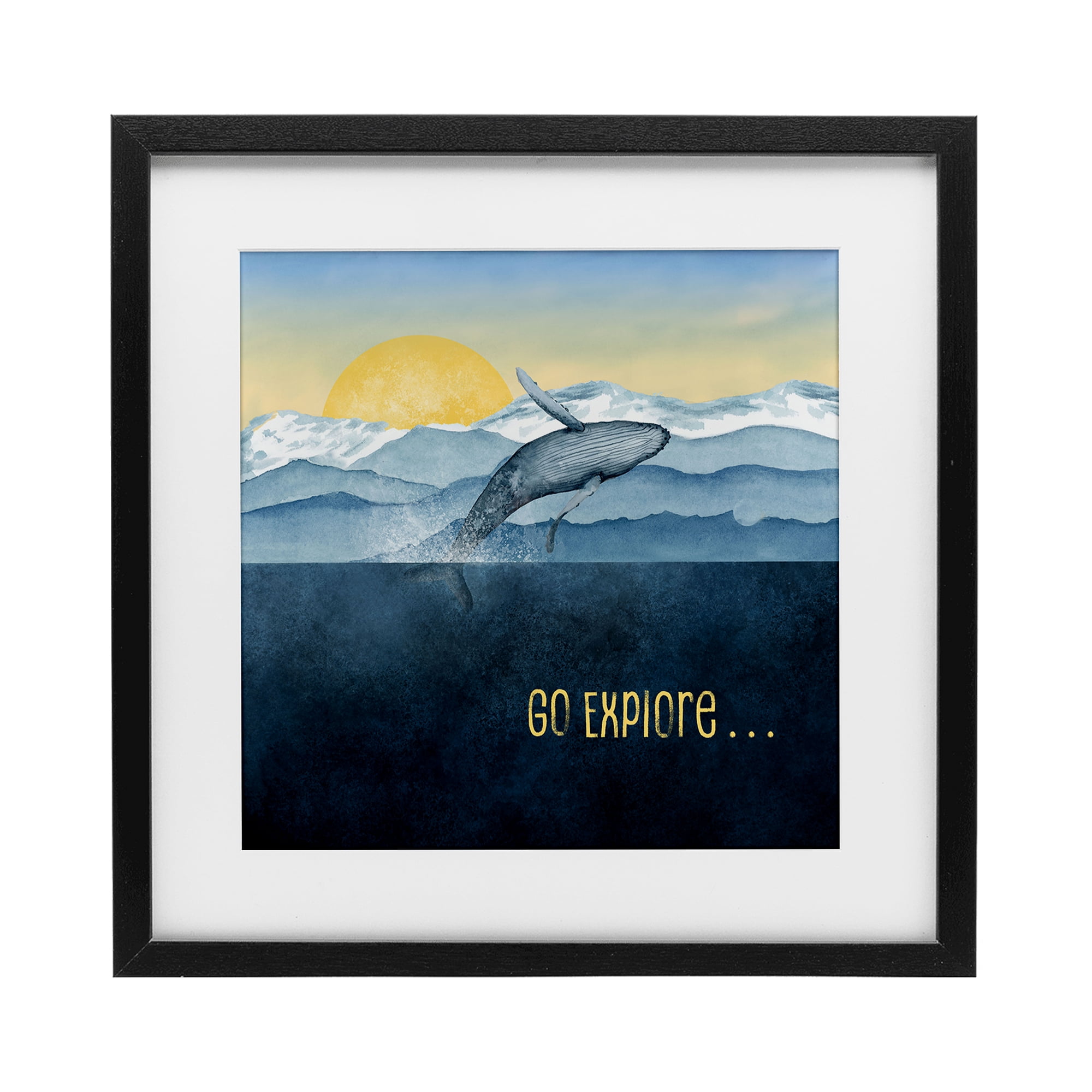 Go Explore Whale Breach Black Framed Print Under Glass, design by Brett Blumenthal