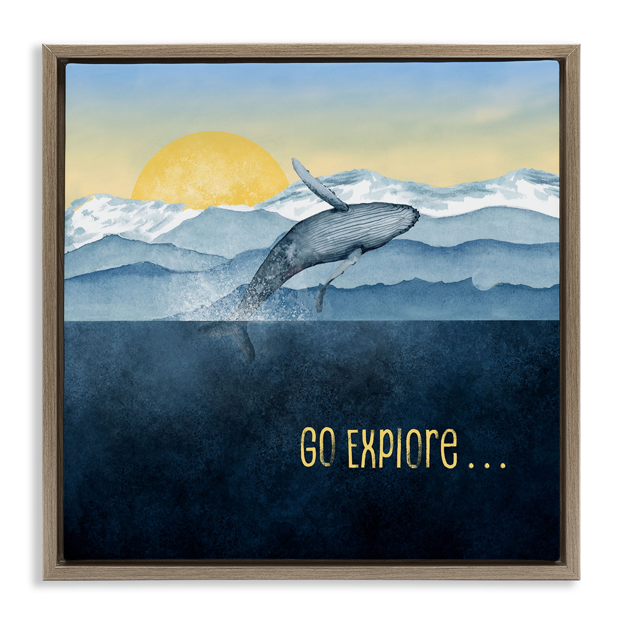 Go Explore Whale Breach Brown Framed Floater Canvas Wall Art, design by Brett Blumenthal