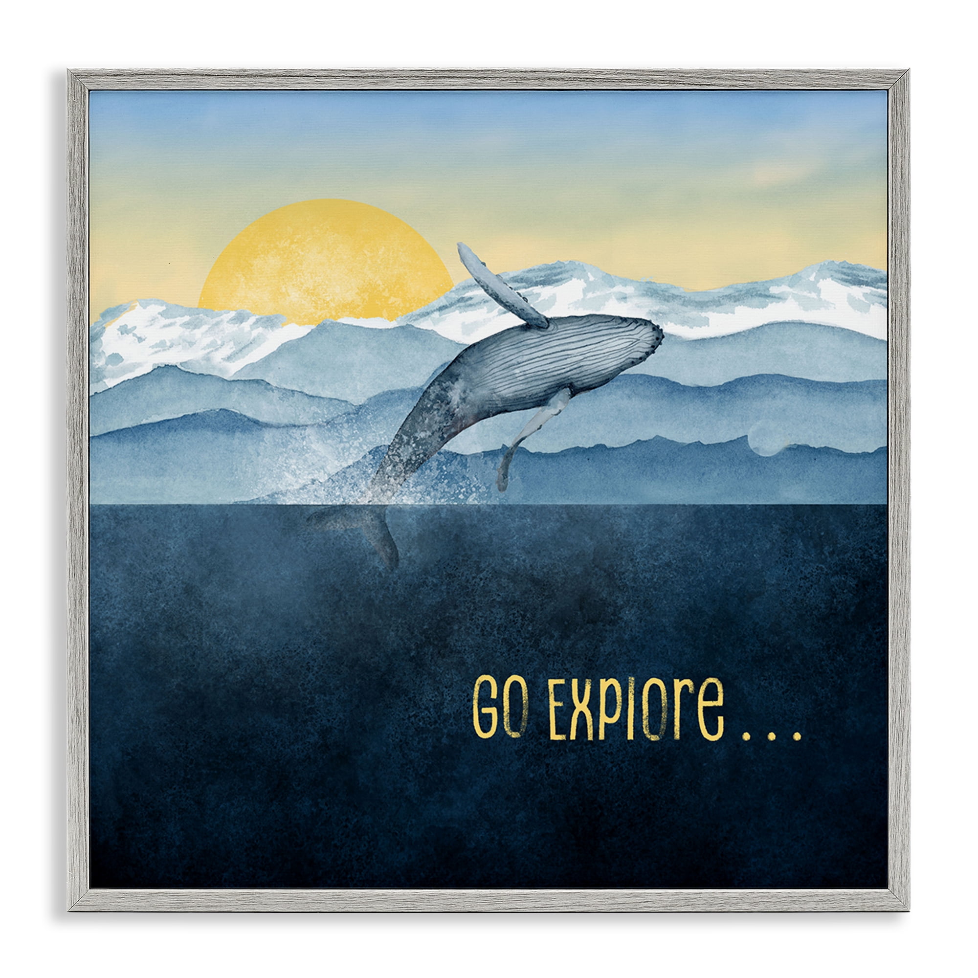 Go Explore Whale Breach Gray Framed Giclee Art, design by Brett Blumenthal