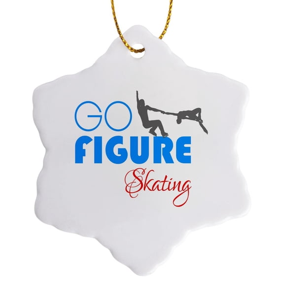 3drose, Go Figure Skating Decorative Text, Dancing Couple of Skaters on White, 3 inch Snowflake Porcelain Ornament