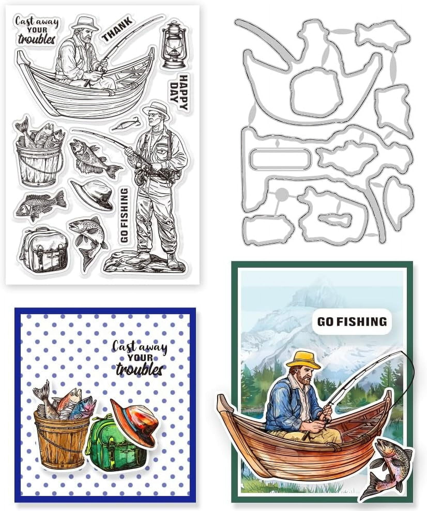 Go Fishing Clear Stamps Man Fish Lamp Frame Cutting Dies Set Silicone ...