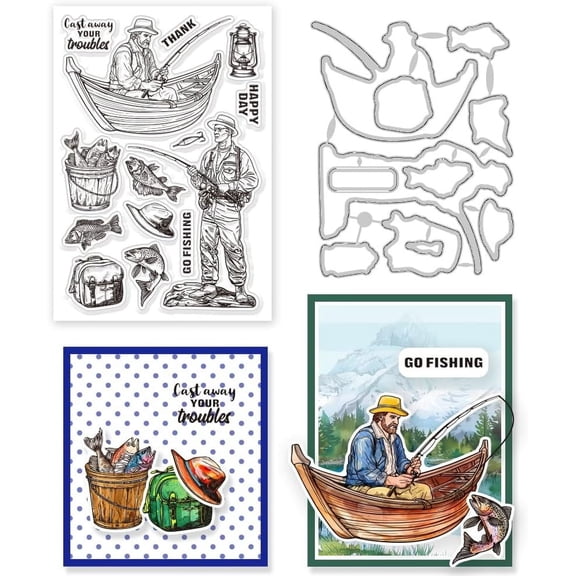 Go Fishing Clear Stamps Man Fish Lamp Frame Cutting Dies Set Silicone Transparent Stamp Metal Die Cuts for Card Making and DIY Embossing Scrapbooking Craft Decor DIY