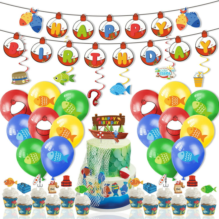 Go Fishing Theme Birthday Party Decoration Fish Print Balloon Kit Banner  Cake Topper for Kids Birthday Party Supplies