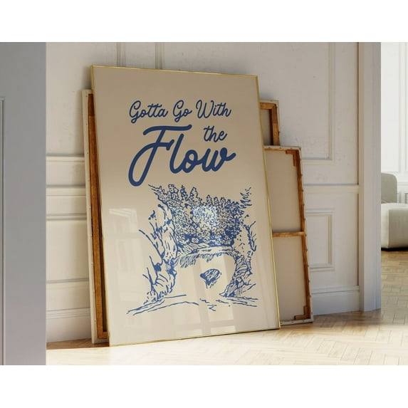 Go With The Flow Print • Retro Illustration With Quote Wall Art • Nature Lover Print • Motivational Typography Poster • Trendy Dorm Room Art Wall Art, Modern Wall Decor, 16x24 UNFRAMED