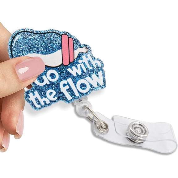 Go with The Flow Retractable Glitter Badge Reel with Clip, Funny Baby Bottle Badge Reel for NICU Labor Nurse Neonatal Nurse Doctor, Nurse Day Gift for Obstetric Pediatric, 2.2*2.7