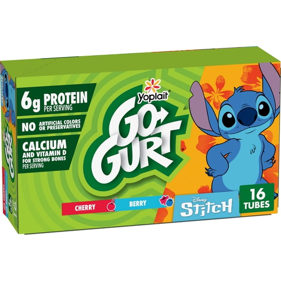 Go-GURT Disney Stitch Yogurt Tubes, Cherry, Berry, 6g Protein, Calcium, 16 Count, 32 oz