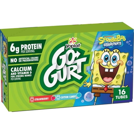 Go-GURT SpongeBob Yogurt Tubes, Strawberry, Cotton Candy, 6g Protein, 16 Count, 32 oz