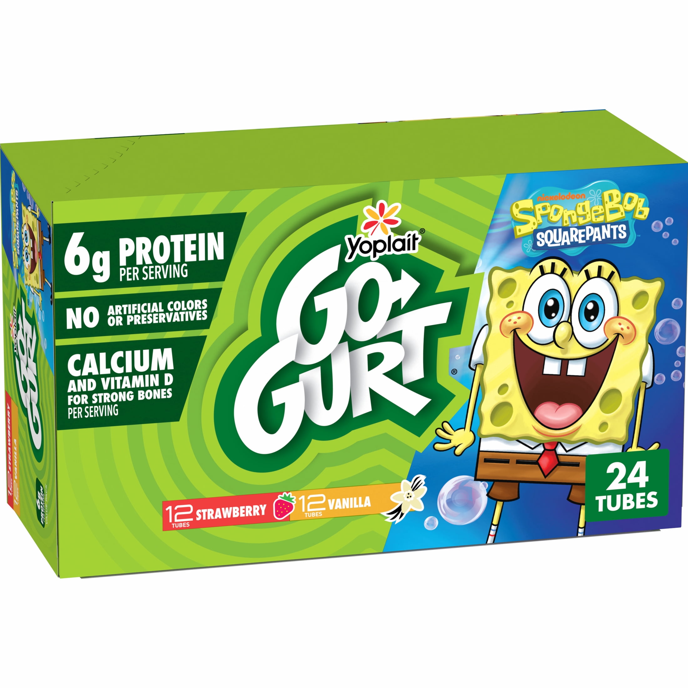 Go-GURT SpongeBob Yogurt Tubes, Strawberry and Vanilla, 6g Protein, 24 Count, 48 oz