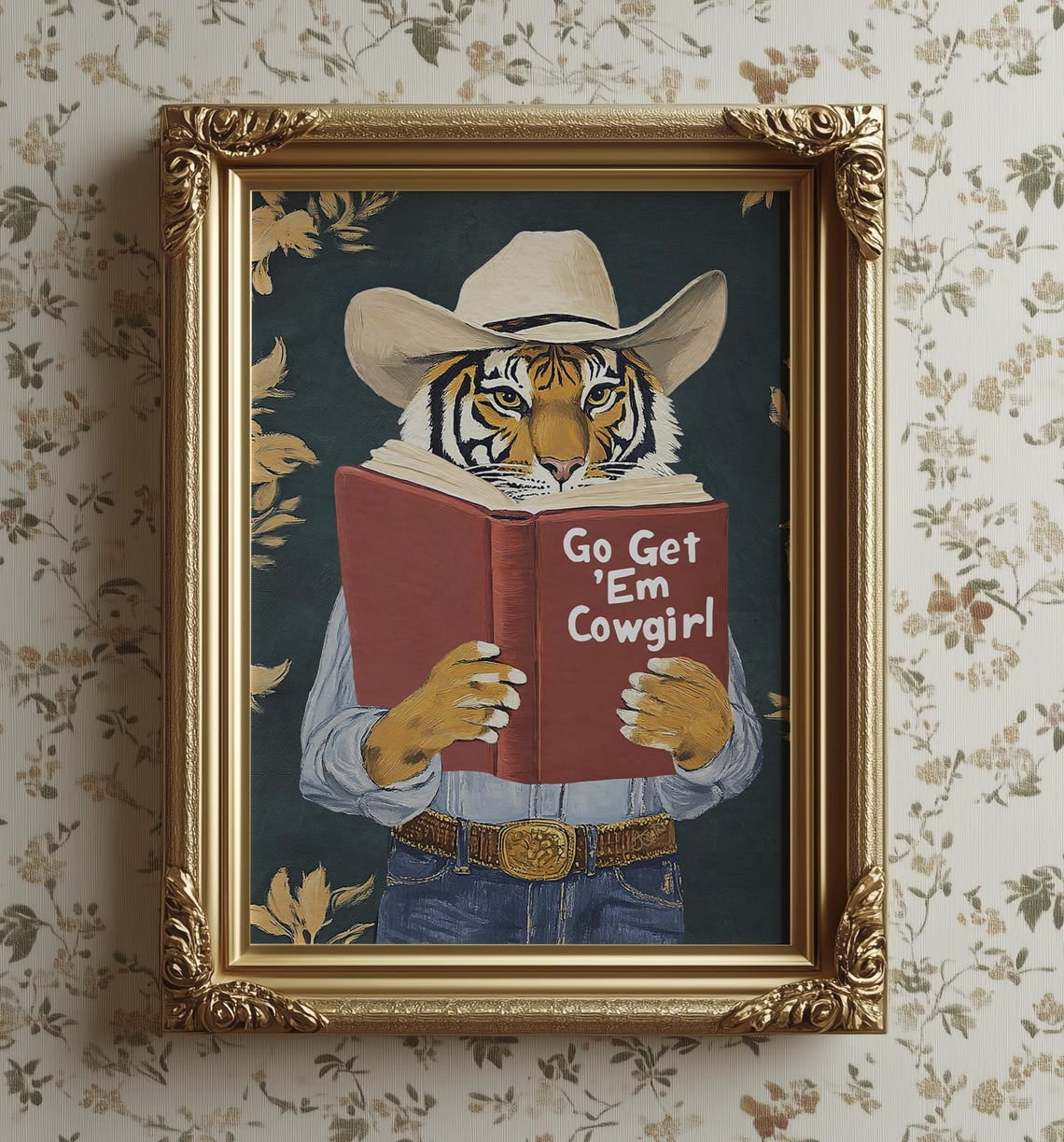 Go Get Em Cowgirl Motivational Tiger Reading Wall Art Print, Bookworm ...