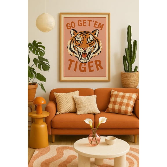 Go Get Em Tiger Print, Retro Motivational Animal Wall Art, Unframed Paper Poster 8x10in