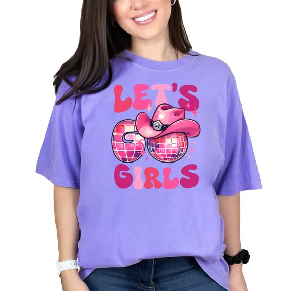 Let's Go Girls Disco Ball Cowgirl Hat Graphic Tee, Trendy Pink Party T-Shirt, Fun Retro Festive Top, Women's Casual Cute Apparel, Violet Comfort Colors T-Shirt, 3XL