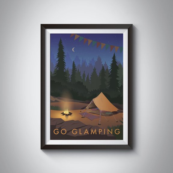 Go Glamping Art Print Outdoor Adventure Hiking Camping Vintage Travel Poster Campfire Painting Tent Nature Hen Do Party Wall Art Modern Wall Decor