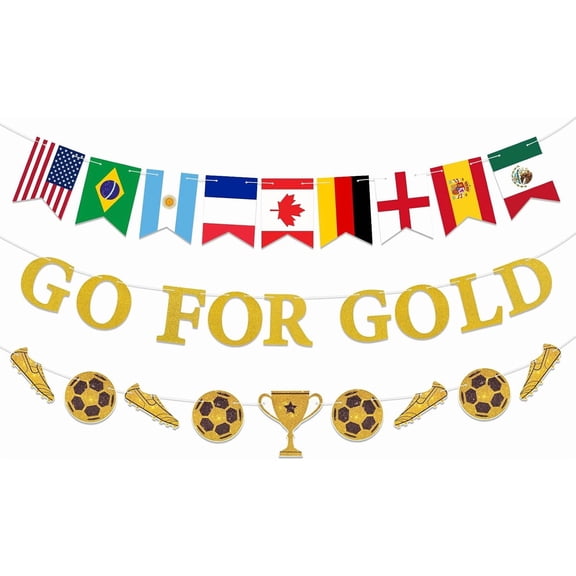 Go for Gold Soccer Banner 2026 Golden Shiny Sports Party Decor with National Flags & Trophy Hanging Backdrop for Soccer/Victory/Team Events Cardboard/Polyester