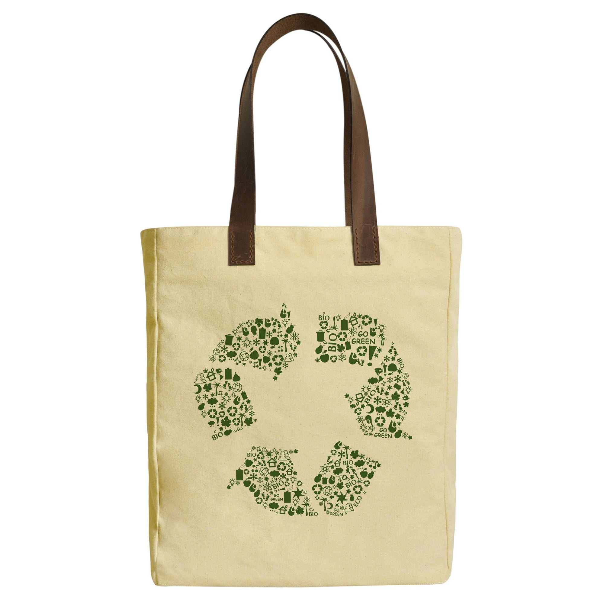 Go Green Recycle Icon Beige Printed Canvas Tote Bags Leather Handles WAS_30  