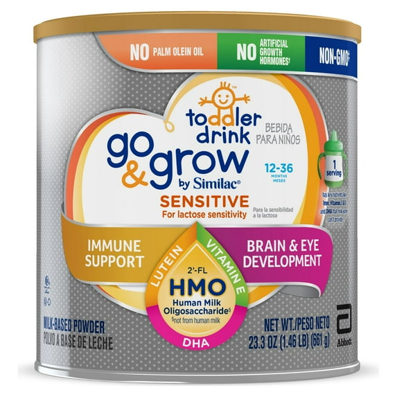 Go & Grow by Similac Sensitive Toddler Drink for Lactose Sensitivity, with 2’-FL HMO for Immune Support and 23 Key Nutrients to Help Balance Toddler Nutrition, Non-GMO Milk-Based Powder, 23.3-oz Can