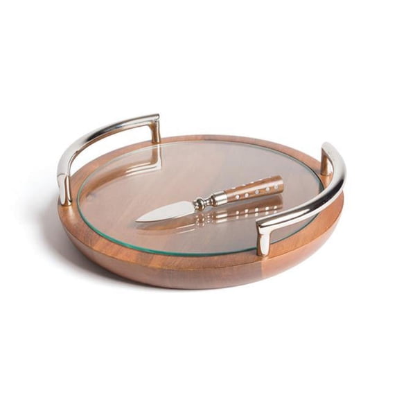Go Home 20952 Wood, Aluminum, Glass & Steel Lindon Tray & Knife Set, Brown-Silver, 3.5 x 14 x 14 in.