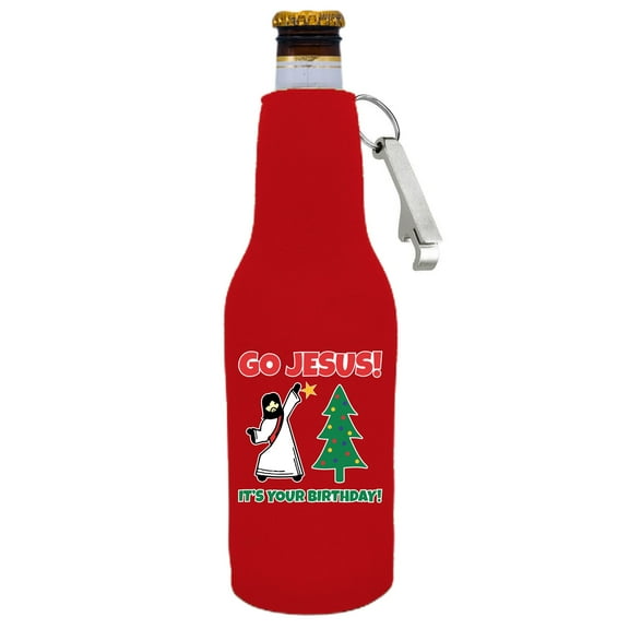 Go Jesus! It's Your Birthday! Beer Bottle Coolie With Opener (Red)