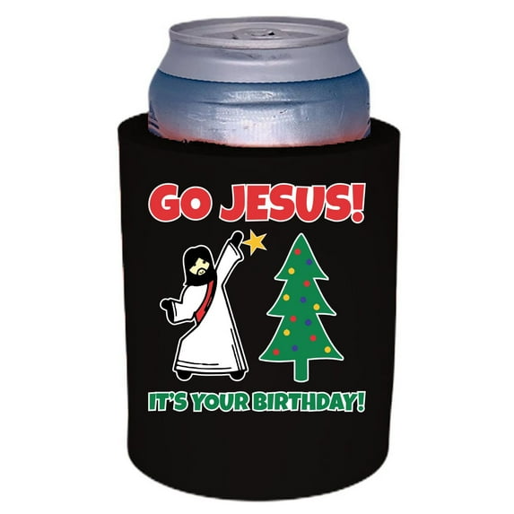 Go Jesus! It's Your Birthday! Thick Foam Old School Can Coolie (Black)
