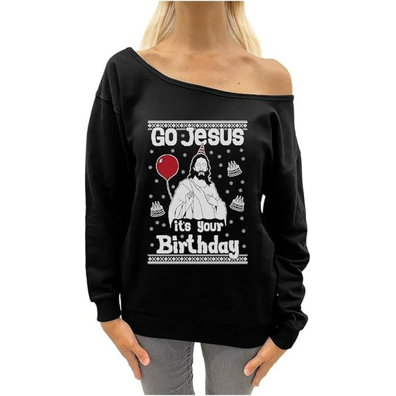 Tstars Go Jesus it's Your Birthday Ugly Christmas Off shoulder sweatshirt XX-Large Black